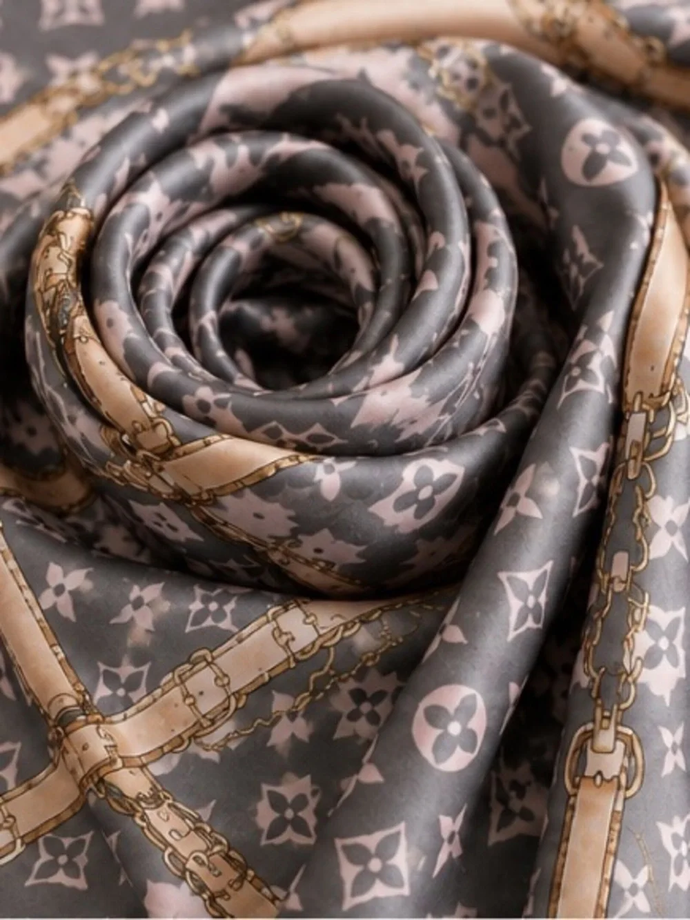 Grey & Pink Chain Print Silk Inspired Scarf
